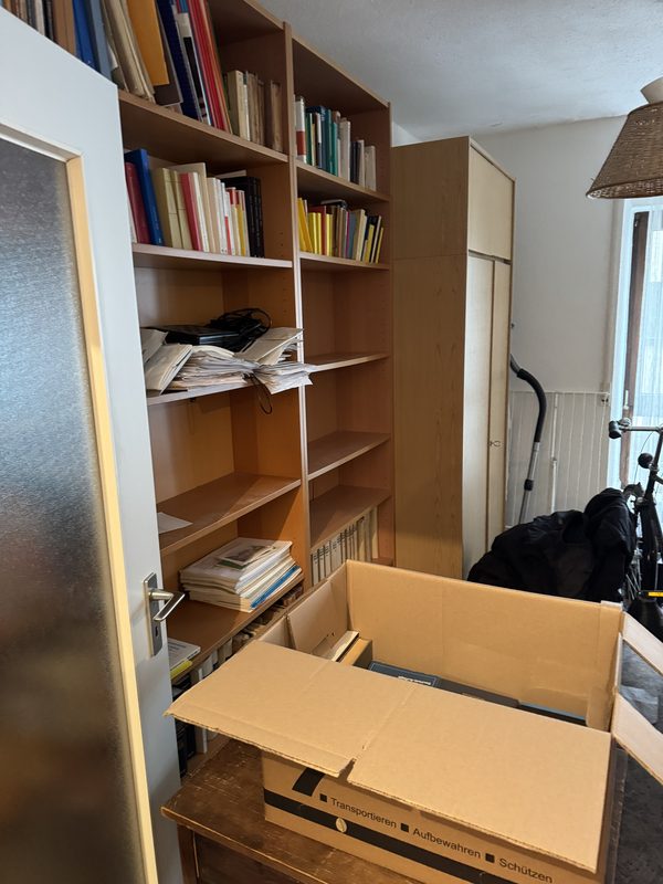 Ein Regal mit Büchern und Papierstapeln, davor ein offener Umzugskarton, der gleich gefüllt wird