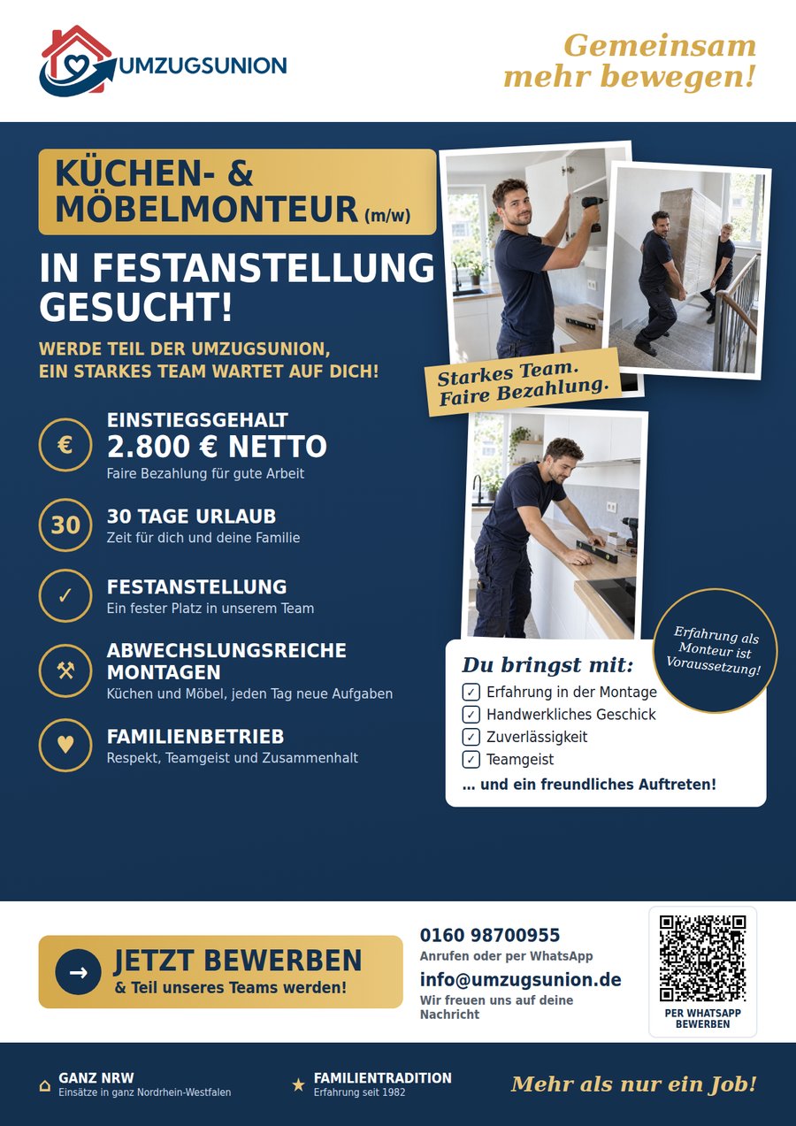 Flyer der Umzugsunion: Küchen- und Möbelmonteur (m/w) gesucht, Bewerbung per WhatsApp oder Telefon